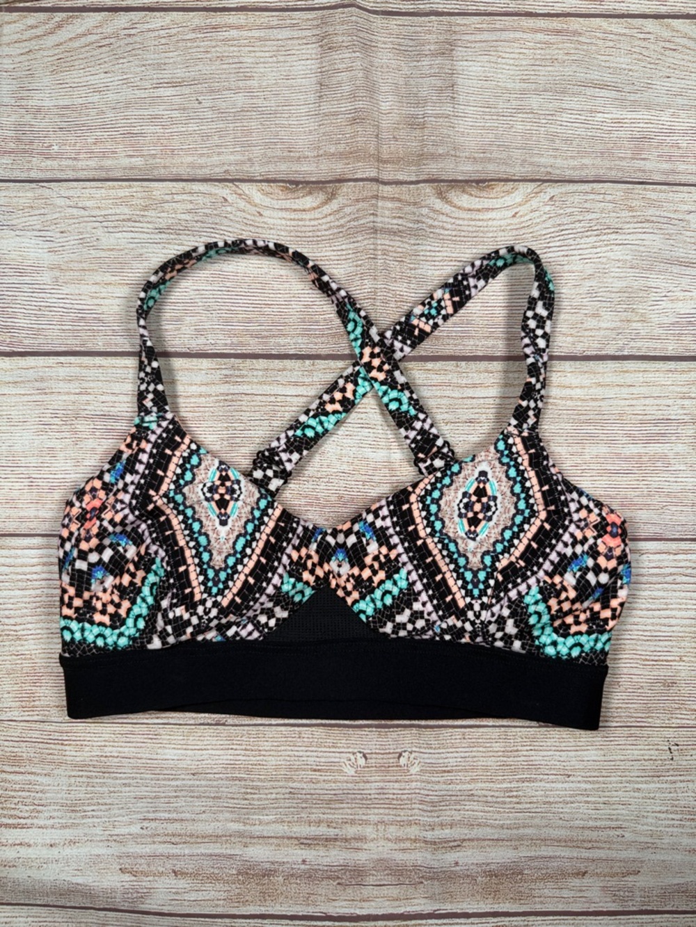 Seafolly Printed Crossback‎ Bikini Top in Black, Teal & Peach